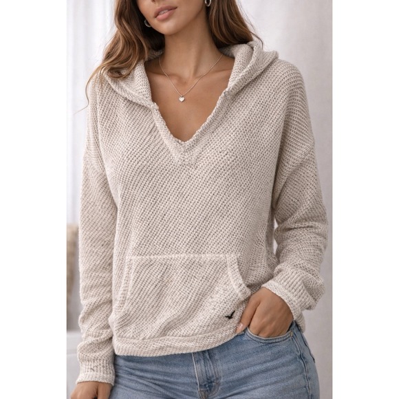 American Eagle Outfitters Sweaters - American Eagle Knit Hoodie Cream Textured Sweater Pullover Cozy Minimalist M